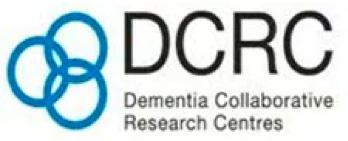 Dementia Collaborative Research Centres (DCRC) logo with black text and blue logo mark consisting of three connected circles. 