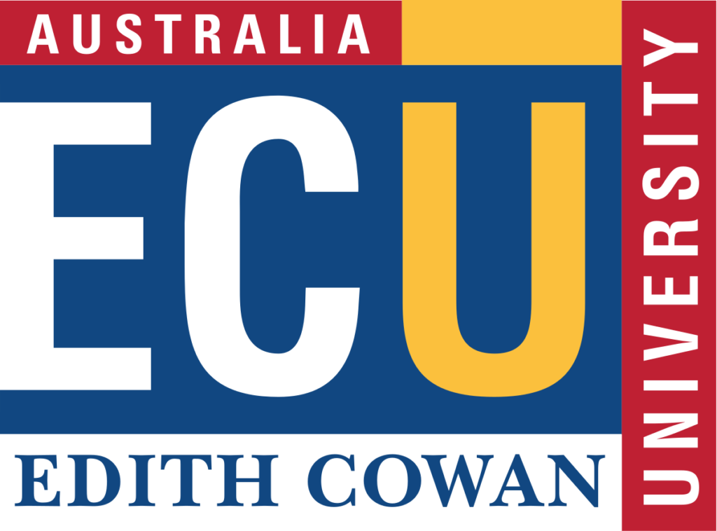 Edith Cowan University logo in full colour - navy blue, yellow, red and white text. 