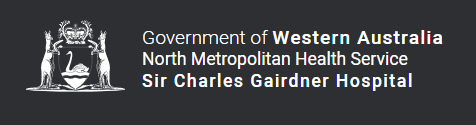 Sir Charles Gairdner Hospital logo with white text and New South Wales coat of arms logo mark. Logo text reads: 'Government of Western Australia North Metropolitan Health Service Sir Charles Gairdner Hospital'.